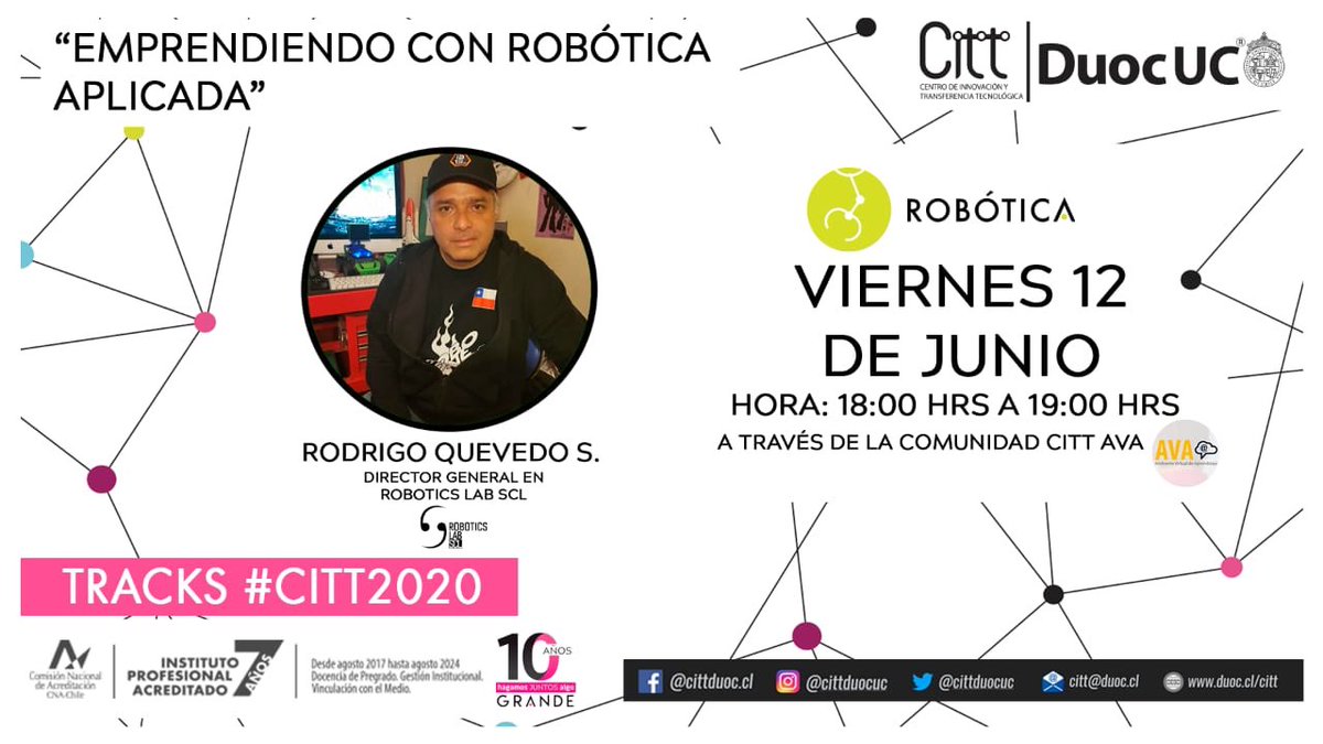 CITTDuocUC's tweet photo. Este viernes 12/6 a las 18h @rodrigoquevedos convoca a la comunidad #robotica @DuocUC en el webinar “Emprendiendo con Robótica Aplicada” través de la comunidad @CITTDuocUC en AVA #CITT2020 @chile_ia13 @RoboticsLabSCL #HagamosJuntosAlgoGrande @EscuelaITDuocUC https://t.co/NO7UnQmJN5