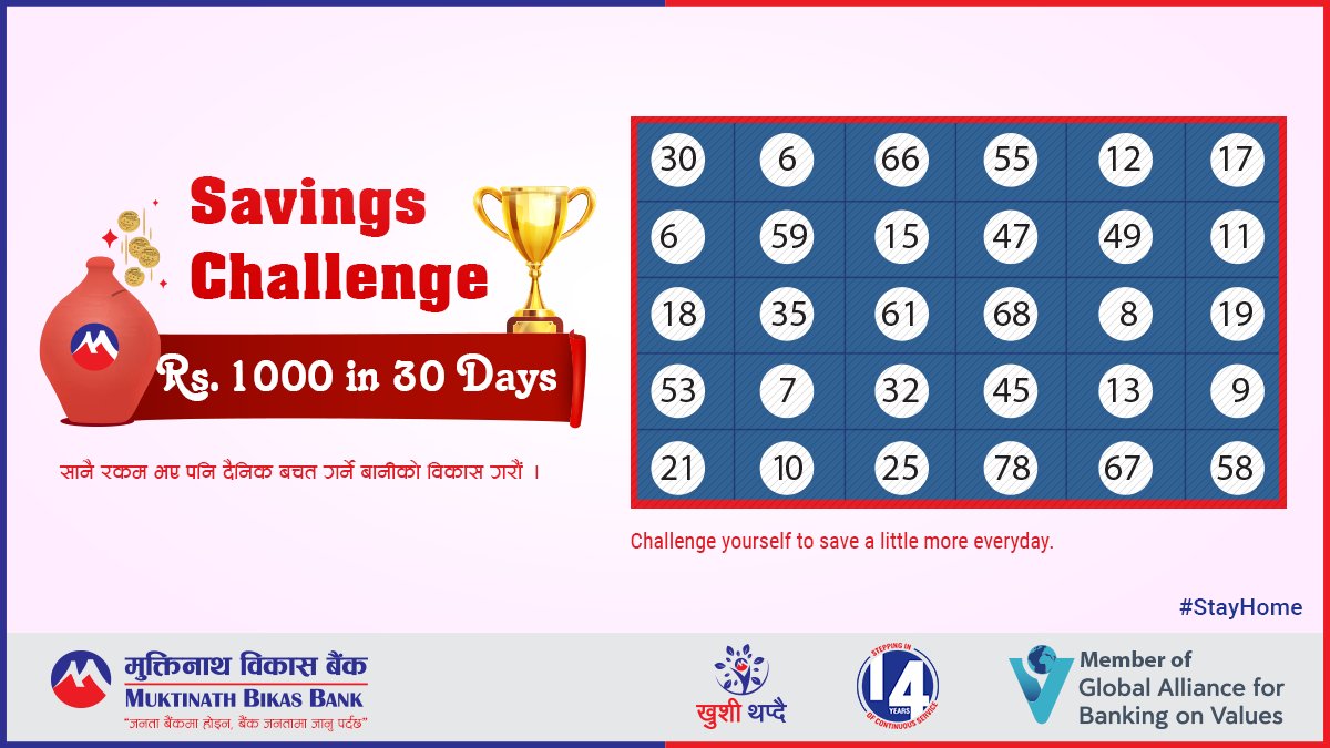 Muktinath Bikas Bank Ltd V Twitter Muktinath Bikas Bank Presents Rs 1 000 In 30 Days Savings Challenge Save The Template Choose And Save Any Amount Everyday From The Table Cross The Amount