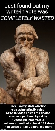 CescoEstep's tweet image. I think you mean MAIL-IN, not WRITE-in

BIG difference. Many #disaffected #NotMeUs supporters apparently plan to Write-in Bernie's name. BAD IDEA

Most states at the least require Bernie to file his Statement of Intent. If he won't those votes will be wasted. Just like in 2016.