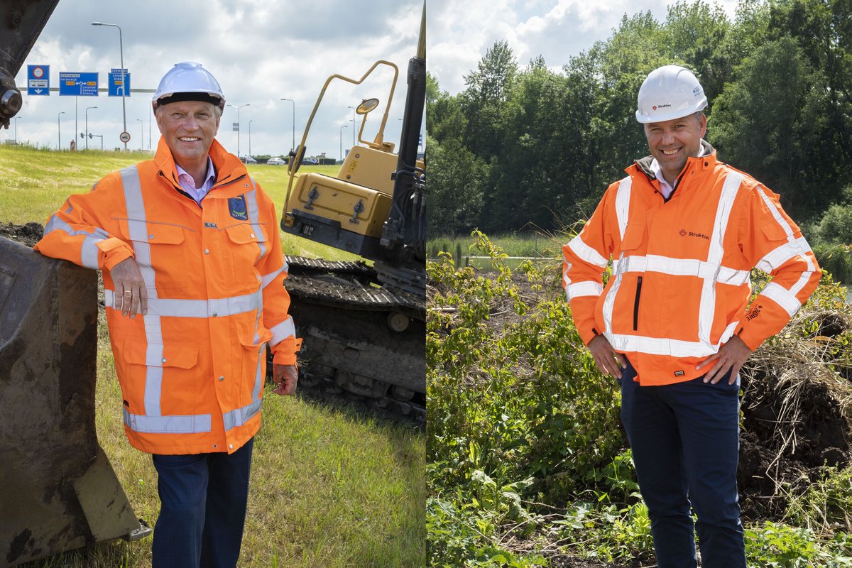 Gistermiddag gaven <a href="/jandereus1/">Jan de Reus</a> en @struktonciviel op bijzondere wijze het startsein voor het ombouwen van het kruispunt #Ganzenweg, #Harderdijk en #Knardijk tot een ongelijkvloers kruispunt. Meer info: bit.ly/2UBwZ0W