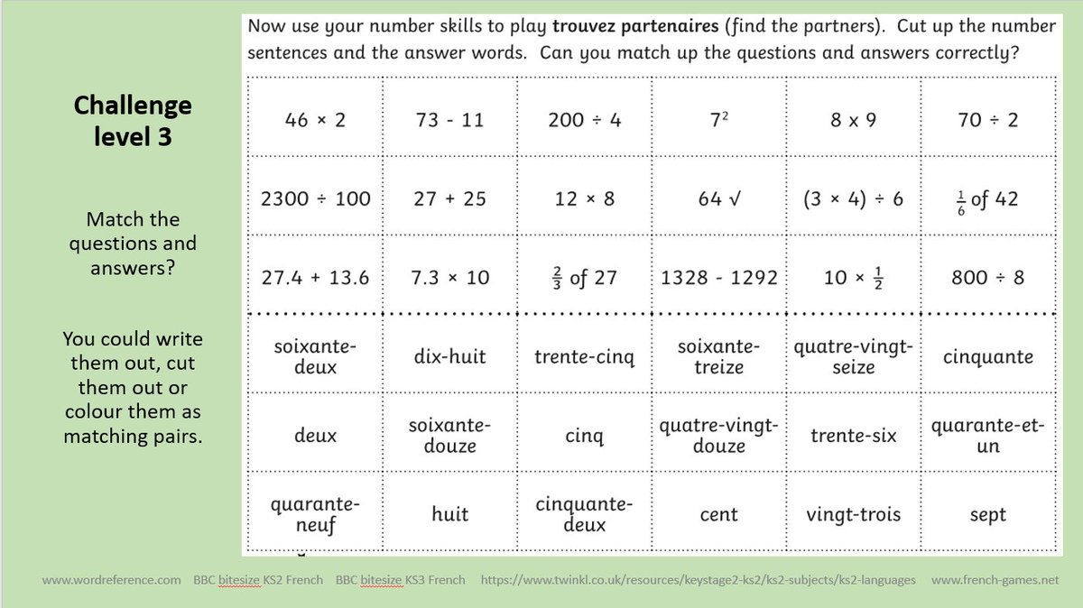 Bonjour <a href="/Mayflower_MCA/">Mayflower Academy</a> Today we have a French maths challenge. There are three levels for you to choose from. Can you use your French number learning to help you solve these questions and match them to the correct answer?    I will tweet the answers later today.