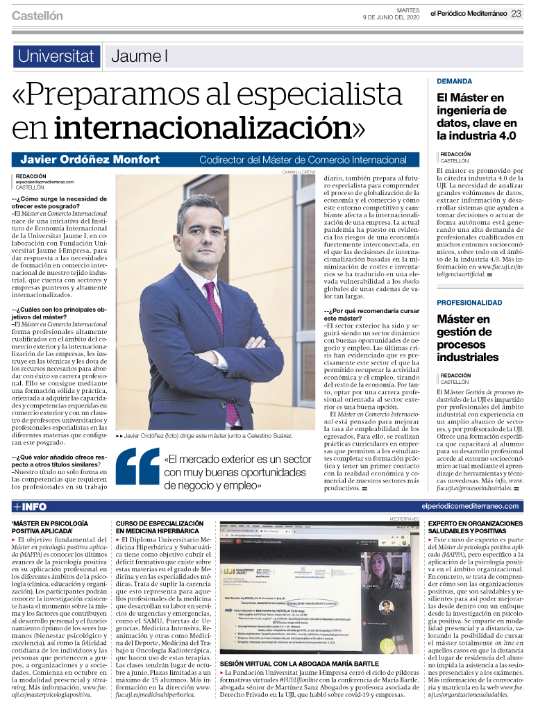 fue_uji's tweet photo. #FelizViernes
Esta semana @epmediterraneo publicó entrevista a Javier Ordóñez, director del Máster Comercio Internacional.
Matrícula abierta.
Próxima edición 2020- 2021
🔜https://t.co/O6Mr9oxH0i
#somUJI #postgradospropiosUJI #postgrauspropis #QueNadaTePare #siempresumando #FUEUJI https://t.co/s2rHiIj3AH