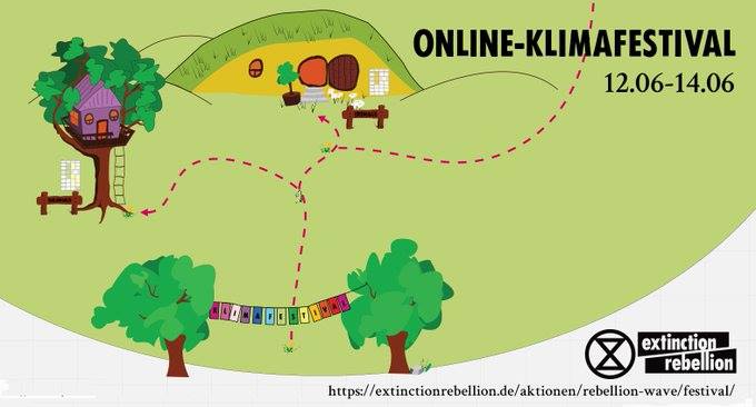 ExtinctionR_DE's tweet photo. 🥁 Heute 12 Uhr startet unser Online-#Klimafestival (12.-14.6.) als Auftakt der Rebellion-Wave.
Das Motto ist #Klimagerechtigkeit.
🥁 Auf dem virtuellen Gelände kannst Du an 50 Talks, Workshops & Trainings teilnehmen.
ZUM GELÄNDE:
🖱Klick dich rein!🖱🖱
https://t.co/7lB8sLBRZQ https://t.co/okY3tmzNlX