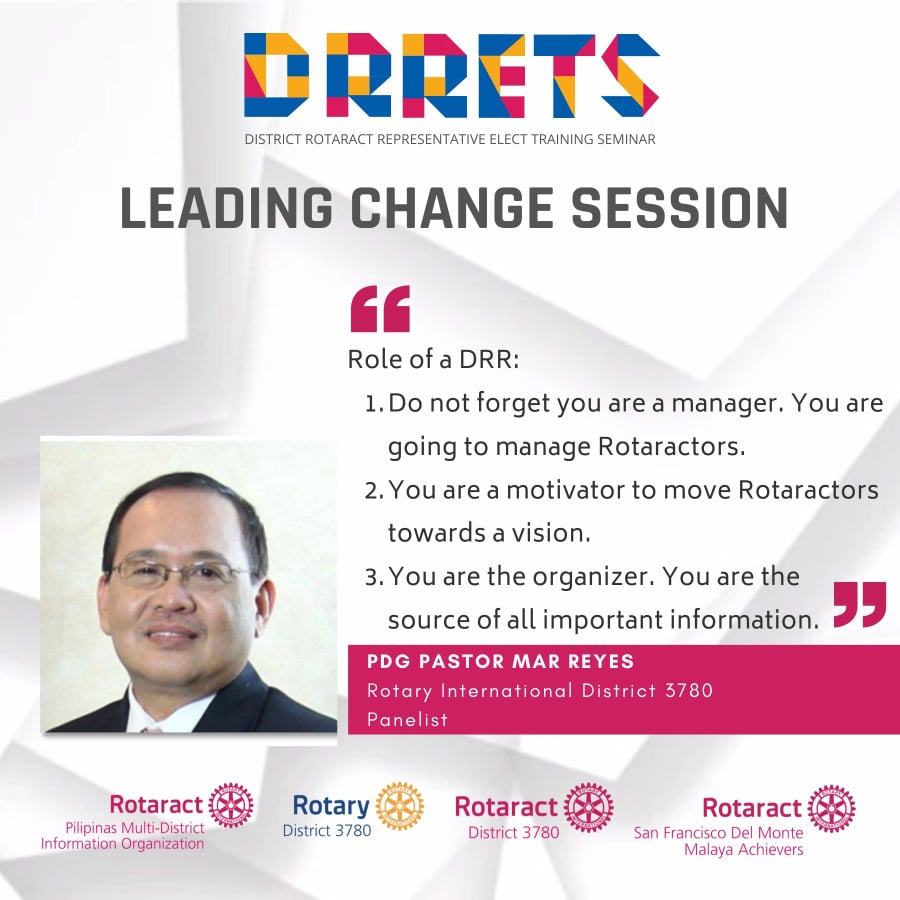 PHRotaractMDIO's tweet photo. "Roles of DRR: 1) Do not forget you are a manager of Rotaractors. 2) You are a motivator to move Rotaractors towards a Vision. 3) You are the Organizer. You are the source of all important information."
-PDG Pastor “Mar” Reyes, RID 3780
#DRRETS2020 #TransformPilipinasRotaract https://t.co/D5vKMEzXs8