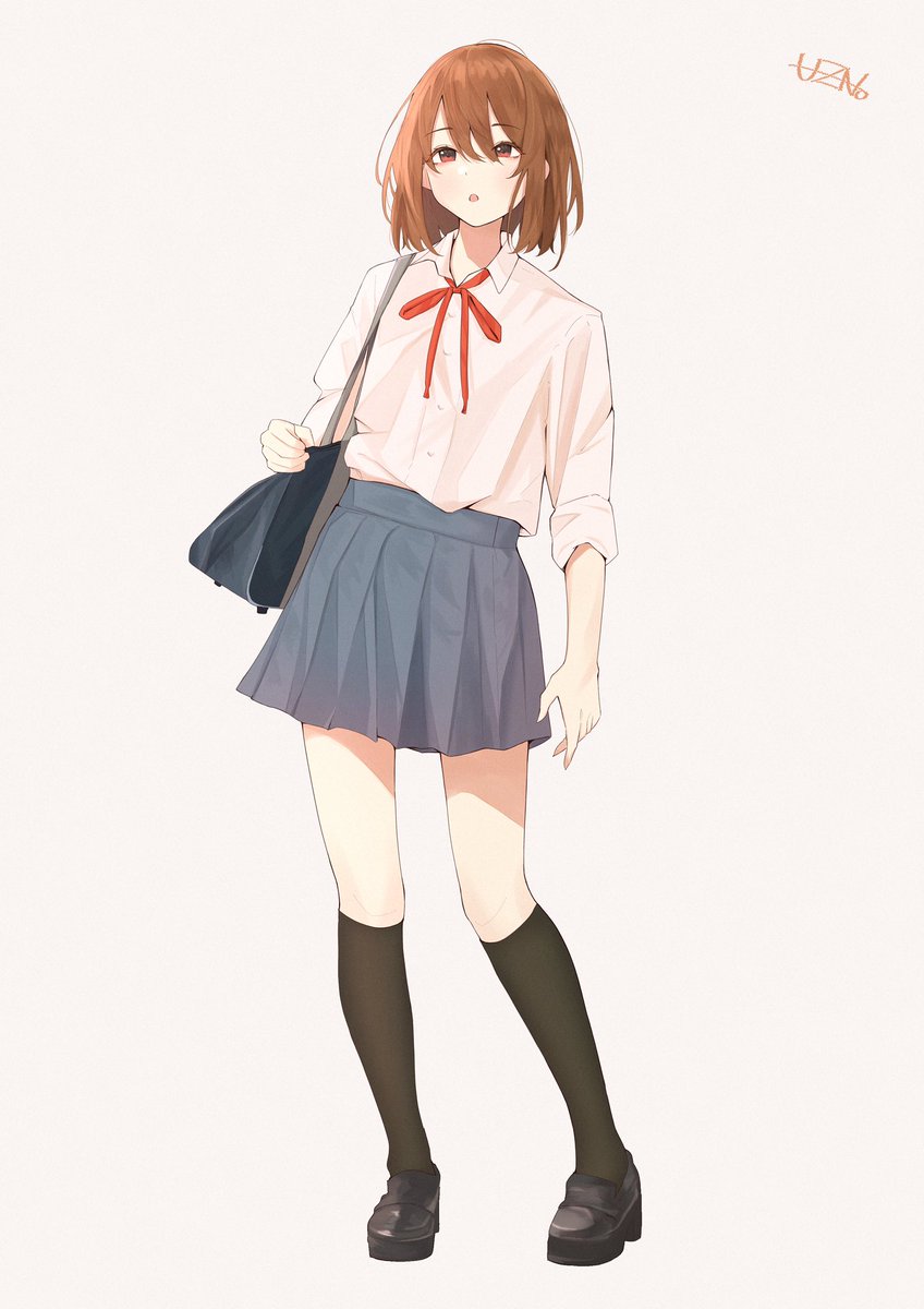 1girl solo skirt brown hair bag socks shirt  illustration images