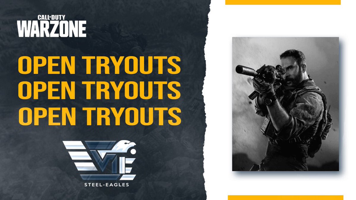 🔷#TRYOUTSWARZONE
BUSCAMOS JUGADORES PARA NUESTRO TEAM DE WARZONE! 
🔷REQUISITOS:
-DISPONIBILIDAD DE HORARIO
-DISPONIBILIDAD PARA TORNEOS
-+15 
🔴MAYOR INFORMACIÓN: DM 
#GoSteel 🦅