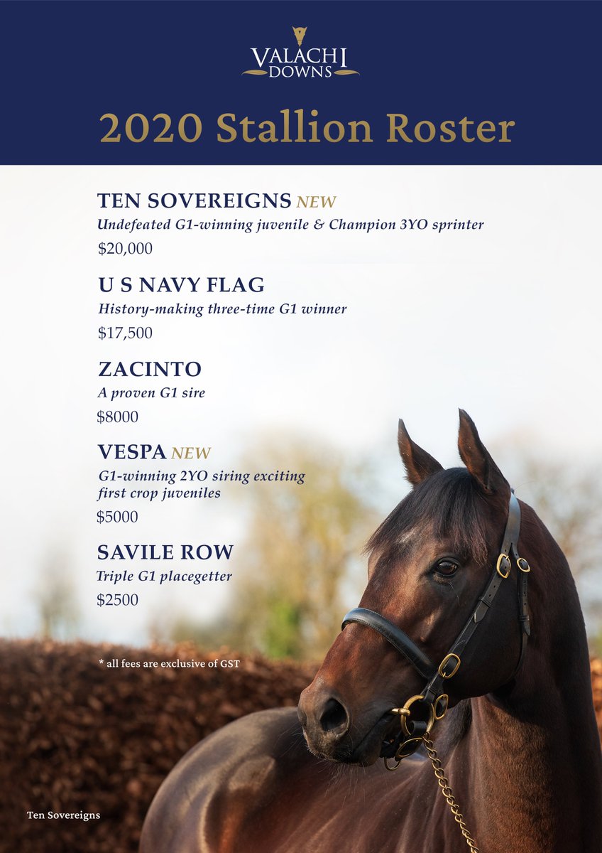 ValachiDowns's tweet photo. Valachi Downs roster grows to five for the 2020 breeding season with dual G1 winner #TenSovereigns set to shuttle from @coolmorestud alongside #USNavyFlag, and exciting young sire Vespa relocating to his place of birth from @Wellfieldlodge1.
READ: https://t.co/ZkAKMfEZ9B https://t.co/jHUPweE5UL