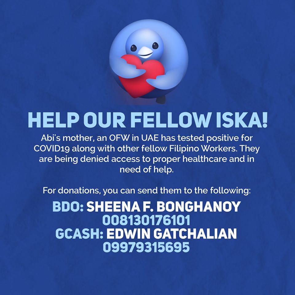 [CALL FOR DONATIONS]

On June 8, our fellow Iskolar and YAPJUST member Abi Gatchalian's mother, has been declared COVID19 positive.

We are now knocking on your hearts for any help that you can extend to our fellow Iskolar for her mother and all her fellow OFWs in UAE.