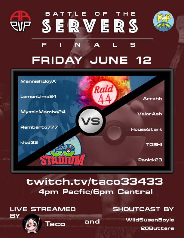 ArkansasPvP's tweet photo. The day has finally come to watch 10 of the world's best #battlers fight it out on stream, for the championship round of #BattleoftheServers! Join us tomorrow evening, 6pm Central on @Taco33433 Twitch channel, shoutcast by @2Obutters & @WildSusanBoyle! #GirlsThatPvP #PokemonGO https://t.co/Nqydx49c74