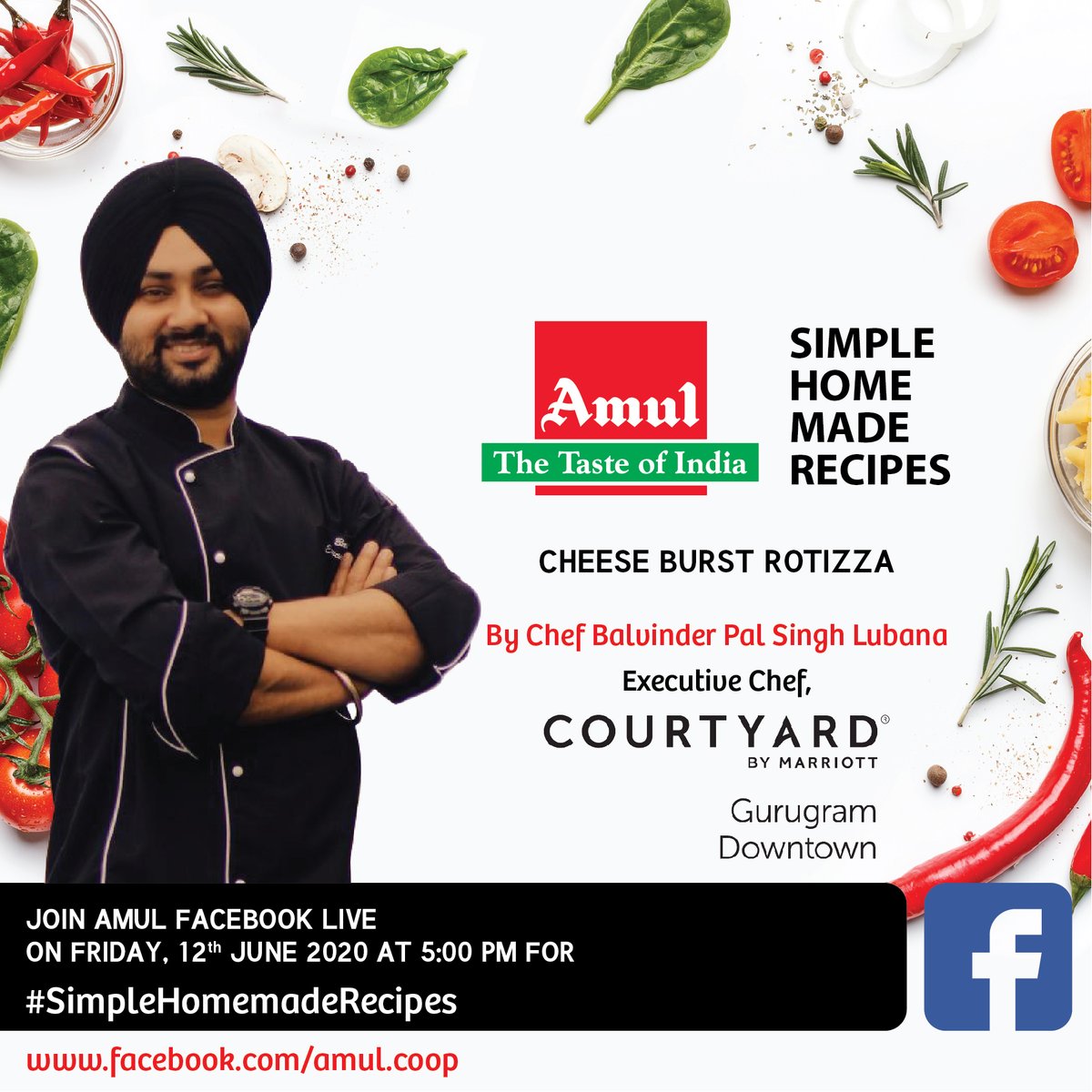 Amul_Coop's tweet photo. Join #Amul Facebook Live at 5 pm today for
#SimpleHomemadeRecipes by Chef Balvinder Pal Singh Lubana, Executive Chef, Courtyard by Marriott Gurugram Downtown
#Chef Balvinder will show to make Cheese Burst Rotizza
https://t.co/ubzm0KvcbO
#MastersofMarriott https://t.co/29Nvme1Izi