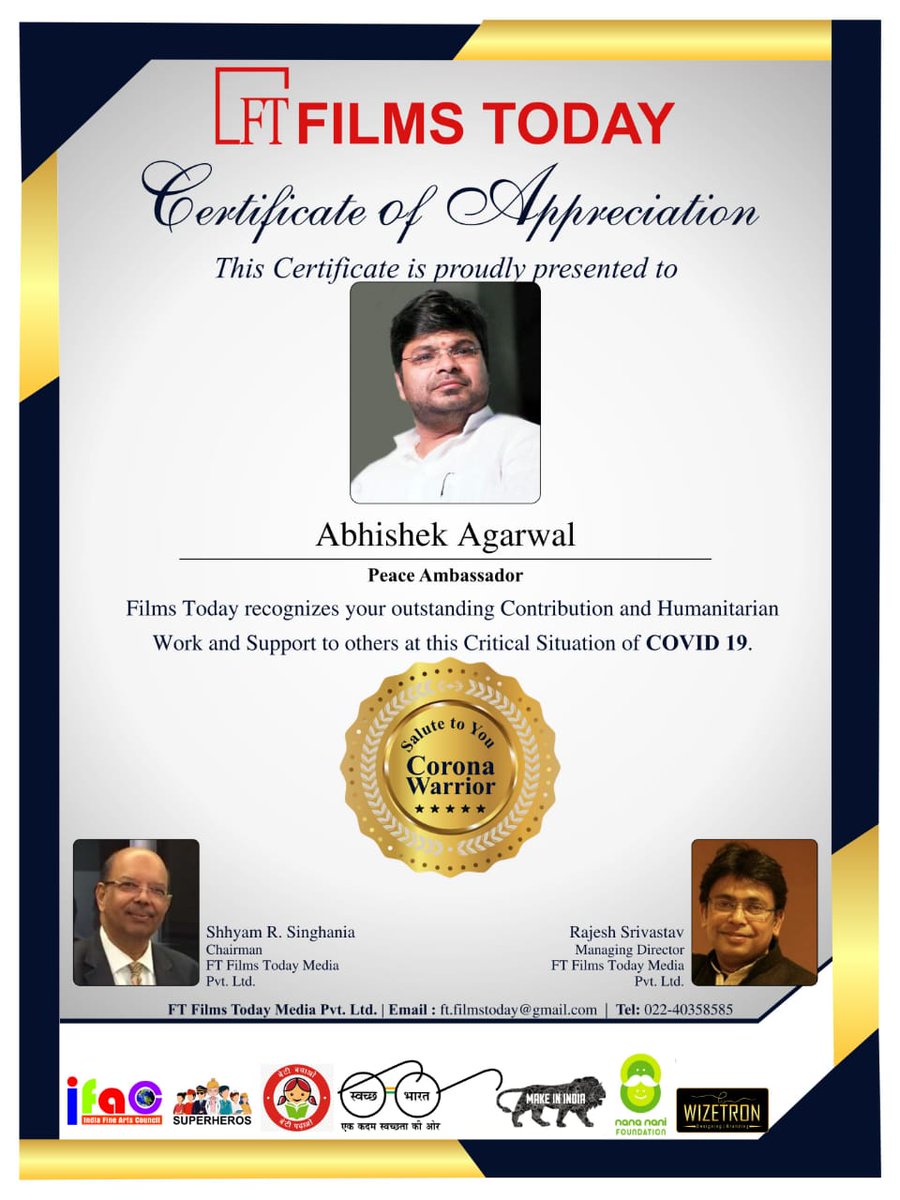 TeamVamsiShekar's tweet photo. #FilmsToday appreciated @AbhishekOfficl and certified him as peace ambassador.
This is well deserved for your generous contributions in the pandemic situations of #Covid19.
#AbhishekFightCovid19
@AAArtsOfficial https://t.co/zzQdq5cMEg