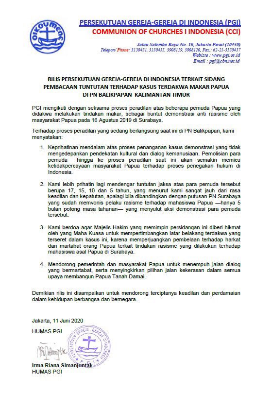 Veronica Koman The Communion Of Churches In Indonesia Is Concerned With The Long Sentences Sought By Prosecutors Against The Balikpapan Seven They Also Think That This Will Deepen Distrust From