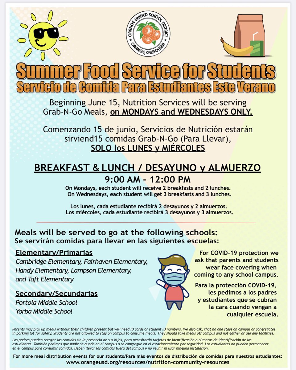 FairhavenOUSD's tweet photo. Grab and Go lunches will continue to be served on Mondays and Wednesdays between 9:00 am and 12:00 pm at Fairhaven Elementary.  Parents may pick up meals without their children present, but will need ID cards or student ID numbers. 🍴 https://t.co/EWD2EEs032