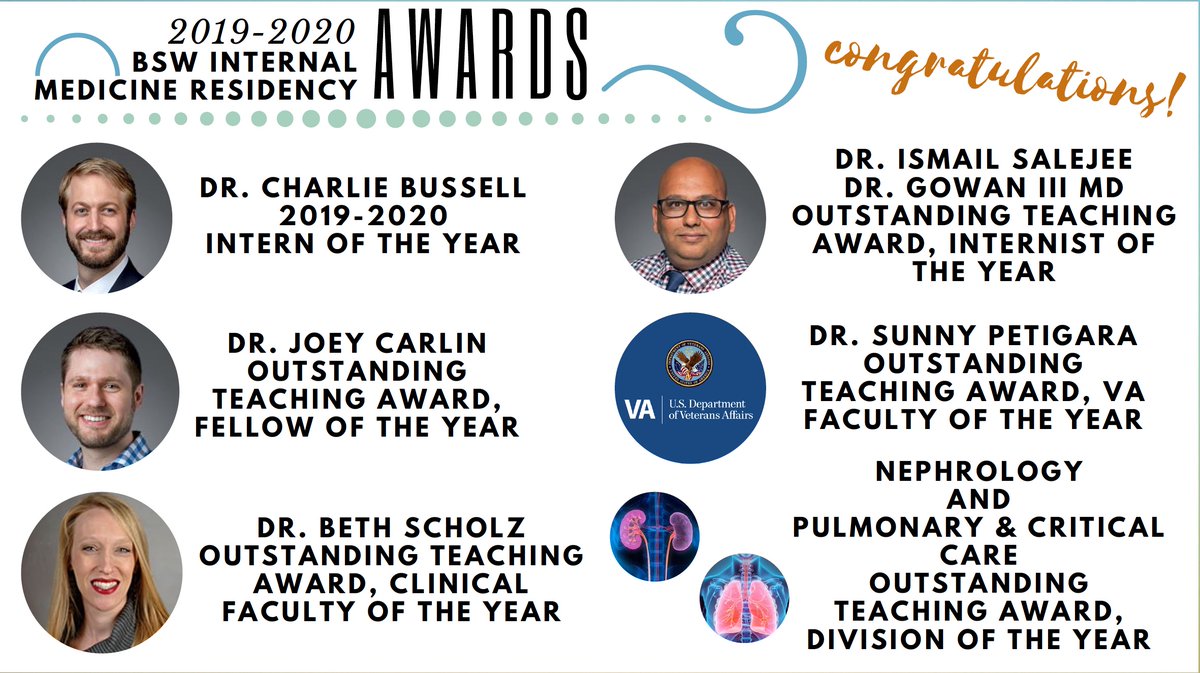 End of year awards voted by the residents.  Congrats to all.  <a href="/BSWHTemple_Neph/">BSWH Temple Nephrology</a> @BSWHTemple_PCC Thanks for being teaching divisions of the year.  #TipsForNewDocs Find people like these so you can learn and become like them so you can give back. #MedEd