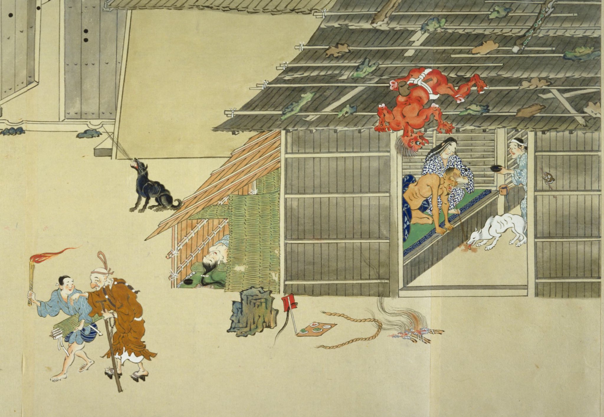 大和愛 文学フリマ大阪9 25 H 45 46 春日権現験記絵 に描かれた屋根の上から家内をうかがう真っ赤な疫鬼の姿 頭を下に覗いてるのがゾッとする 新型コロナウィルスも絵巻になれば こうして我々の行動を見ているのかも T Co Ivphus6x1v