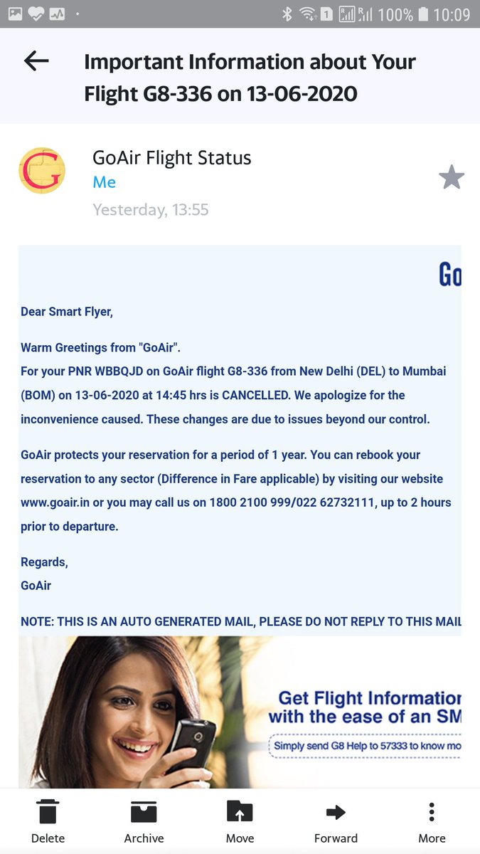 theleodeepak's tweet photo. @goairlinesindia Recd this mail. PNR WBBQJD. No reason mentioned for the cancellation!! What about refund? Will you accept if I travel now and pay after 3 months? Don't block my money for 1 year. I wish to travel now. Issue Refund immediately @MoCA_GoI https://t.co/xmiRxcXnBK