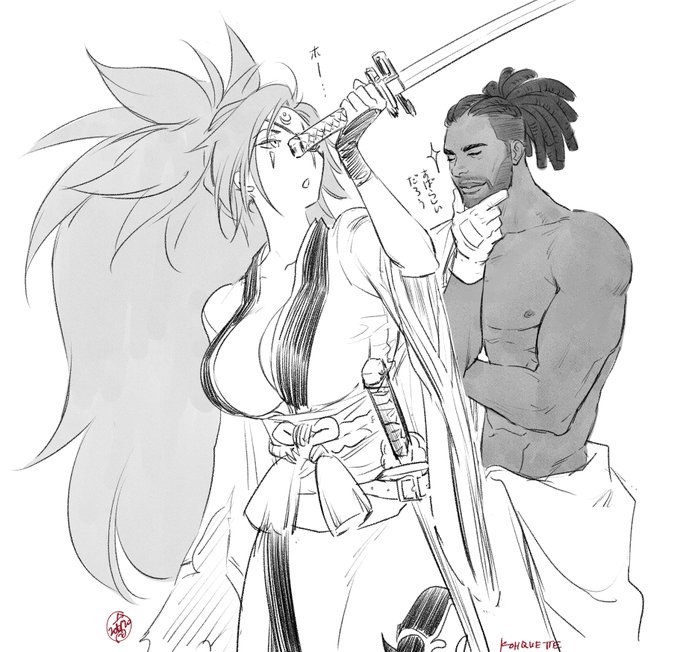 baiken checks out new dude's sword. nifty.  #GuiltyGearStrive 