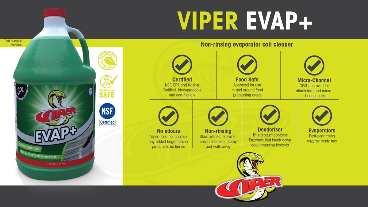 SuperCoolGroup's tweet photo. Viper Evap+ by @refrigtechHVACR is the best-performing non-rinsing #evaporator #coilcleaner, using slow release #enzymes in a synthetic detergent base. It is safe to use in #hospital, #hotel, #foodservice and #foodmanufacturing applications. Learn more: https://t.co/byG6nSxcKT https://t.co/UcKVkHLLhQ
