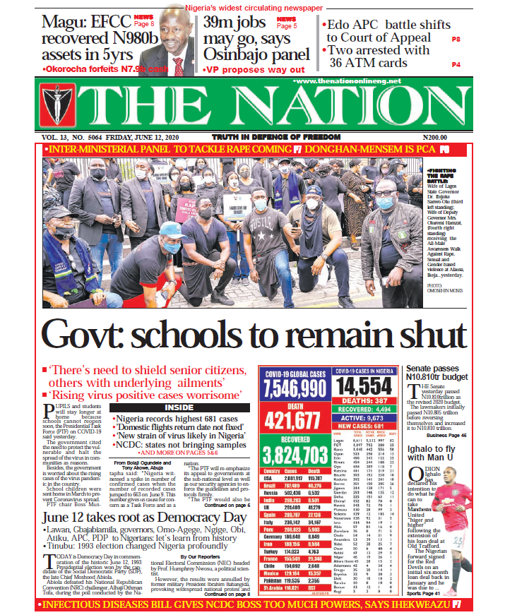 TheNationNews's tweet photo. #FridayHeadlines
12th of June 2020

1. Govt: #Schools to remain shut - https://t.co/owC21Ywhx6

2. June 12 takes root as #DemocracyDay - https://t.co/LPtte5iy1O

3. Infectious Diseases Bill gives me excessive powers, says @NCDCgov boss - https://t.co/NgJwylQARE @Kingbiodun_ https://t.co/tgmR1AJlJh