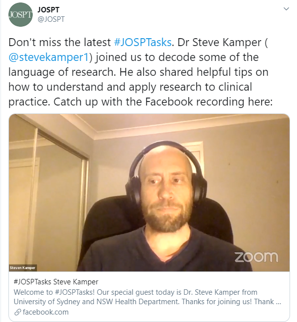 BJSM_BMJ's tweet image. Relevant to clinicians--bridging the evidence-practice gap. @stevekamper1  The whole series is fresh &amp;amp; high-quality. facebook.com/watch/live/?v=… @JOSPT #JOSPTasks