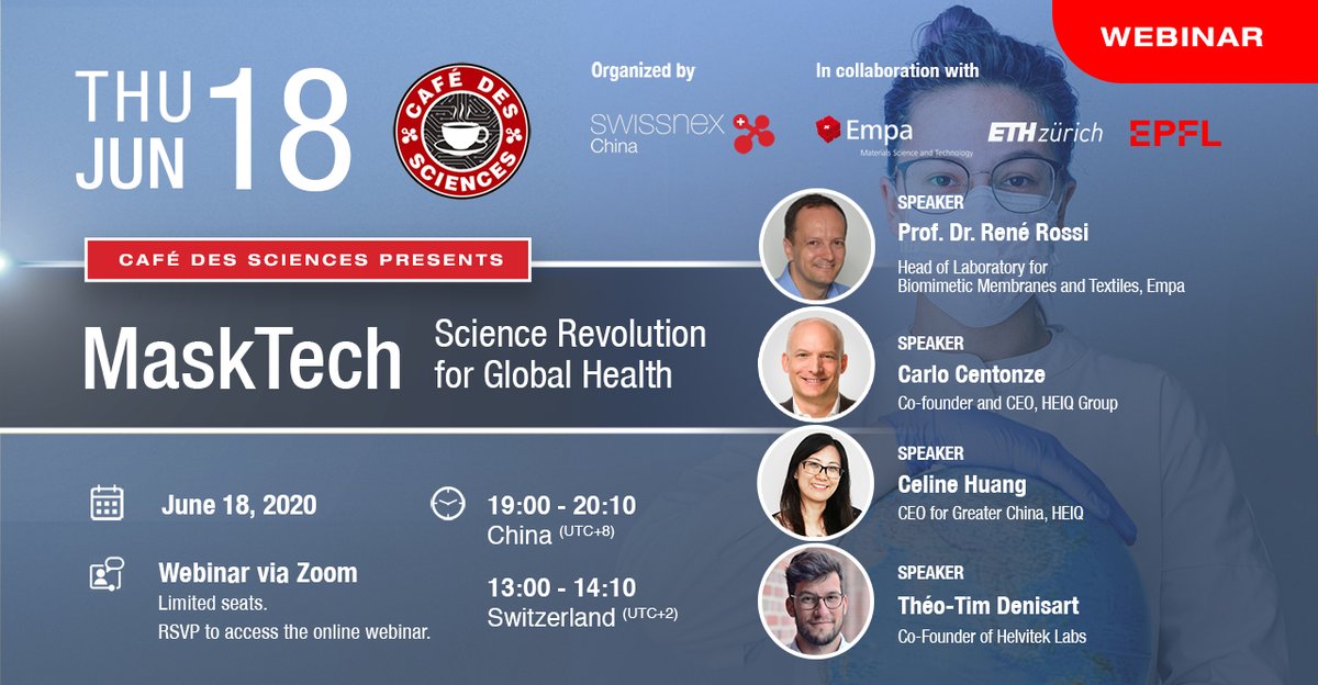 swissnexChina's tweet image. #MaskTech: 𝗦𝗰𝗶𝗲𝗻𝗰𝗲 𝗥𝗲𝘃𝗼𝗹𝘂𝘁𝗶𝗼𝗻 𝗳𝗼𝗿 𝗚𝗹𝗼𝗯𝗮𝗹 𝗛𝗲𝗮𝗹𝘁𝗵 | Learn more about cutting-edge face mask technology, the latest innovations and the Swiss #ReMask project 📅 June 18, 2020, 13:00 - 14:10 🇨🇭 / 19:00 - 20:10 🇨🇳 | 👉 RSVP &amp;gt;&amp;gt; lnkd.in/gdTfiiv
