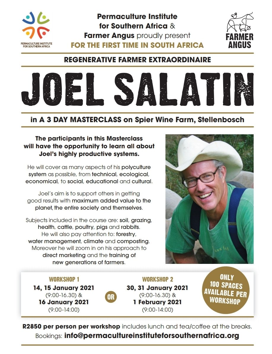 Your eyes are not deceiving you.
The Pope of the regenerative agriculture movement is coming to South Africa for the first time.
In fact he is coming to do two workshops on our <a href="/SpierWineFarm/">Spier Wine Farm</a>
Booking details at the bottom.
👏 👏 to Belinda of Hope Permaculture for organising Joel