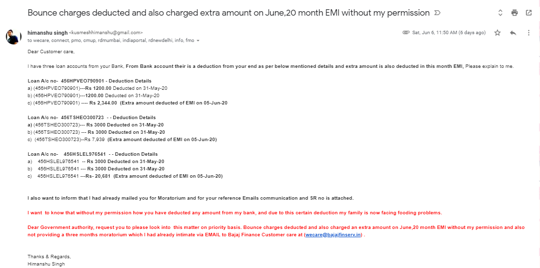 arryansingh's tweet image. I had not received any response from your end till date,I will go to the UPCM&PMO to file a complaint against u and I will take legal action for deducting Bounce charges from my ac for April&May as I had already applied for Moratorium @Bajaj_Finance @myogiadityanath @PMOIndia