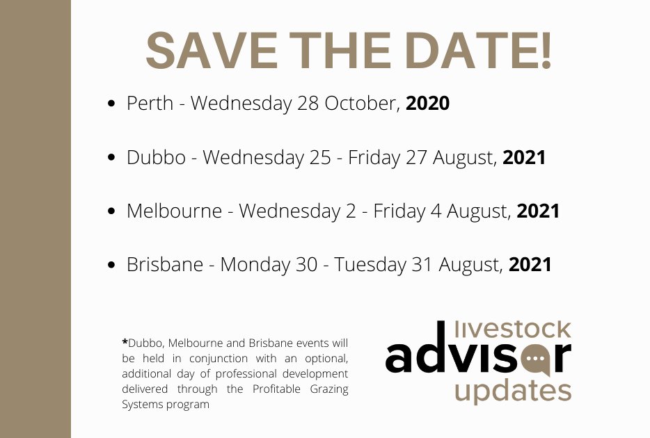 Due to current circumstances &amp; uncertainty around COVID-19, the #LivestockAdvisorUpdates events scheduled for Melbourne, Dubbo and Brisbane in 2020 have been postponed. At this stage we are still proceeding with the event planned for Perth in October 2020. mla.com.au/advisor-update…