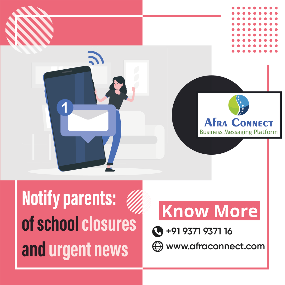 AfraConnect's tweet photo. NOTIFY PARENTS OF SCHOOL CLOSURES AND URGENT NEWS ...........
If you’d like to know more visit
https://t.co/a1V5FgAiyK OR https://t.co/fa7OTv7GNx
Contact:+91-9371937116 / +91-8341413093
#Bulksms #Textsms #Bulktext #TextMarketing #marketing
#Digital #DigitalMarketing #Marketing https://t.co/prawOw14Oq