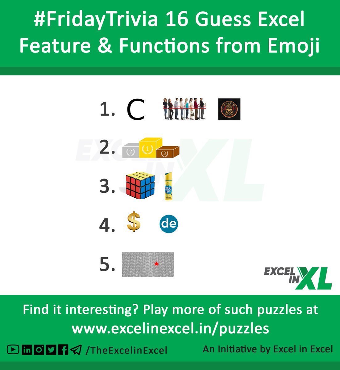 Today is Puzzle Day!  #FridayTrivia 16

Challenge yourself with this FREE emoji Excel puzzle! 🙃😀

Comment your best guesses below 👇 

#puzzlegames #excelpuzzle #emojichallenge #emojiquiz #ExcelPuzzle  #BrasinTeaser #LetsCrackIt
#puzzleday #emoji #puzzle #emojipuzzle