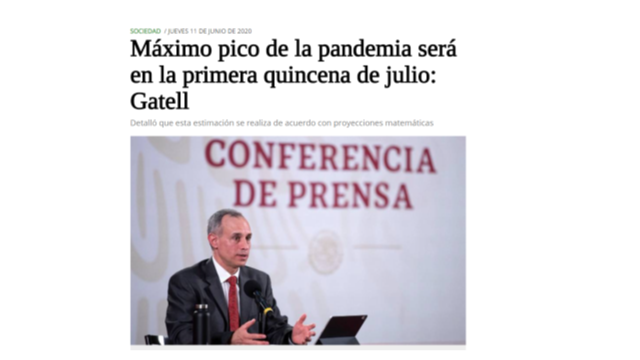 Fechas para el "pico de la pandemia", confusamente mezclando CDMX y el país:

6 de mayo
8 de mayo
20 de mayo
Principios de junio
Mediados de junio
Mediados de julio

Esta pandemia tiene más picos que el Himalaya.

Fuente en todos los casos: <a href="/HLGatell/">Hugo López-Gatell Ramírez</a>