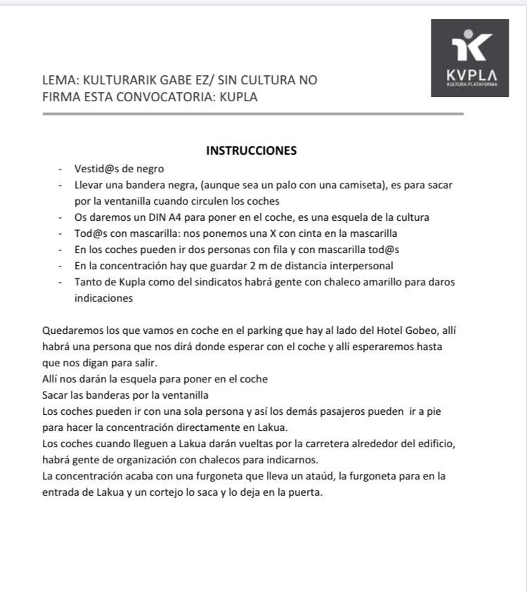 KPlataforma's tweet photo. 🔊📢📣📢🔊🔊📢📣📢🔊
———————————————
-Larunbatak 13 JARRAIBIDEAK
-INSTRUCCIONES Sábado 13

Eta gogoratu GAUR kontzentrazioak daudela hiriburu guztietan 12:30tan!.
Recordaros que HOY a las 12:30 hay concentraciones en  las capitales.
  🔊🔊 S.O.S. KULTURA 🔊🔊
#kupla #soskultura https://t.co/iY13eD95Re