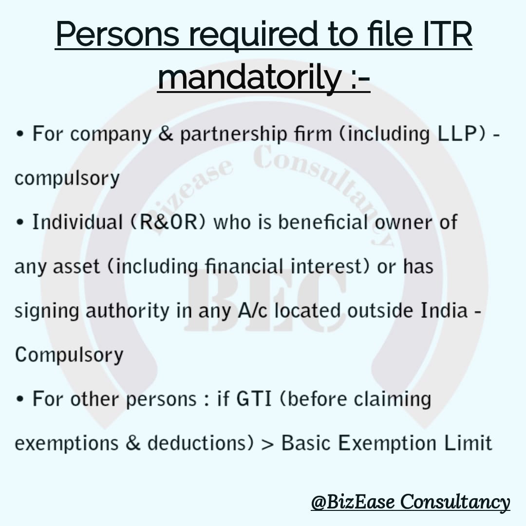 bizease_co's tweet photo. Know about mandatory filing of ITRs within due date to avoid consequences under the IT Act,1961.The due date to file ITR has already been extended by Govt.
For more info mail us @ bizeaseconsultancy@gmail.com

#income #tax #cbdt #UPDATE #ITR  #compliance #finance #qualitymatters https://t.co/zJVf1o6tIr