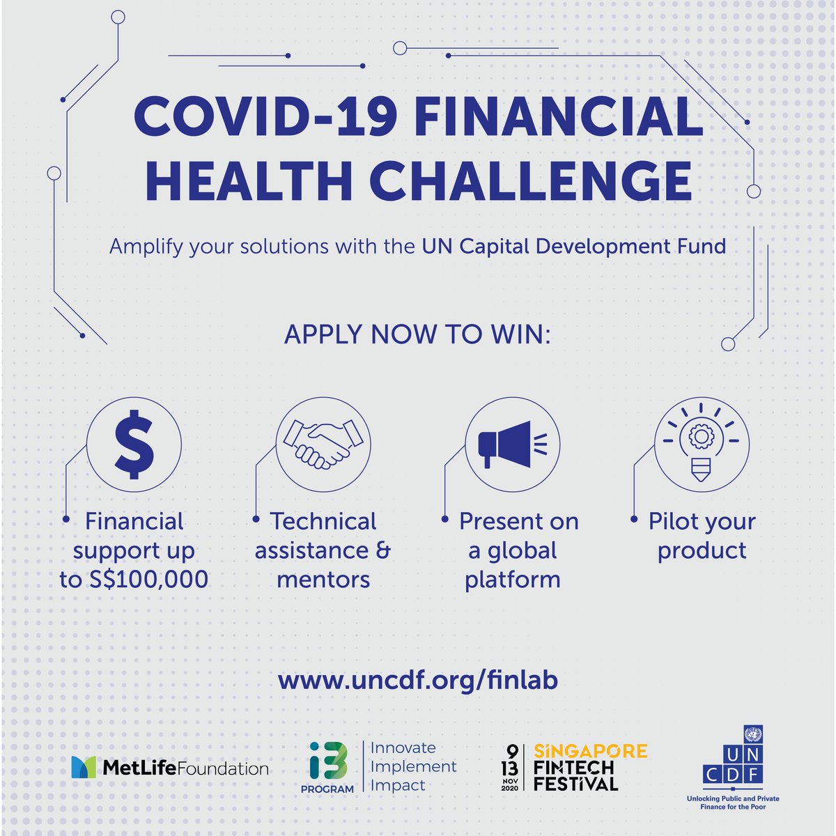 i3_program's tweet photo. Do you have a solution to help improve financial health during the pandemic? 

Join the COVID-19 #FinHealthChallenge now! 

Ask questions live and talk to us in our upcoming webinars! Register now:  https://t.co/Asl2QIBXWI

@uncdf @MetLife @MAS_sg @sgfintechfest #SDGs https://t.co/69NrOevtXy