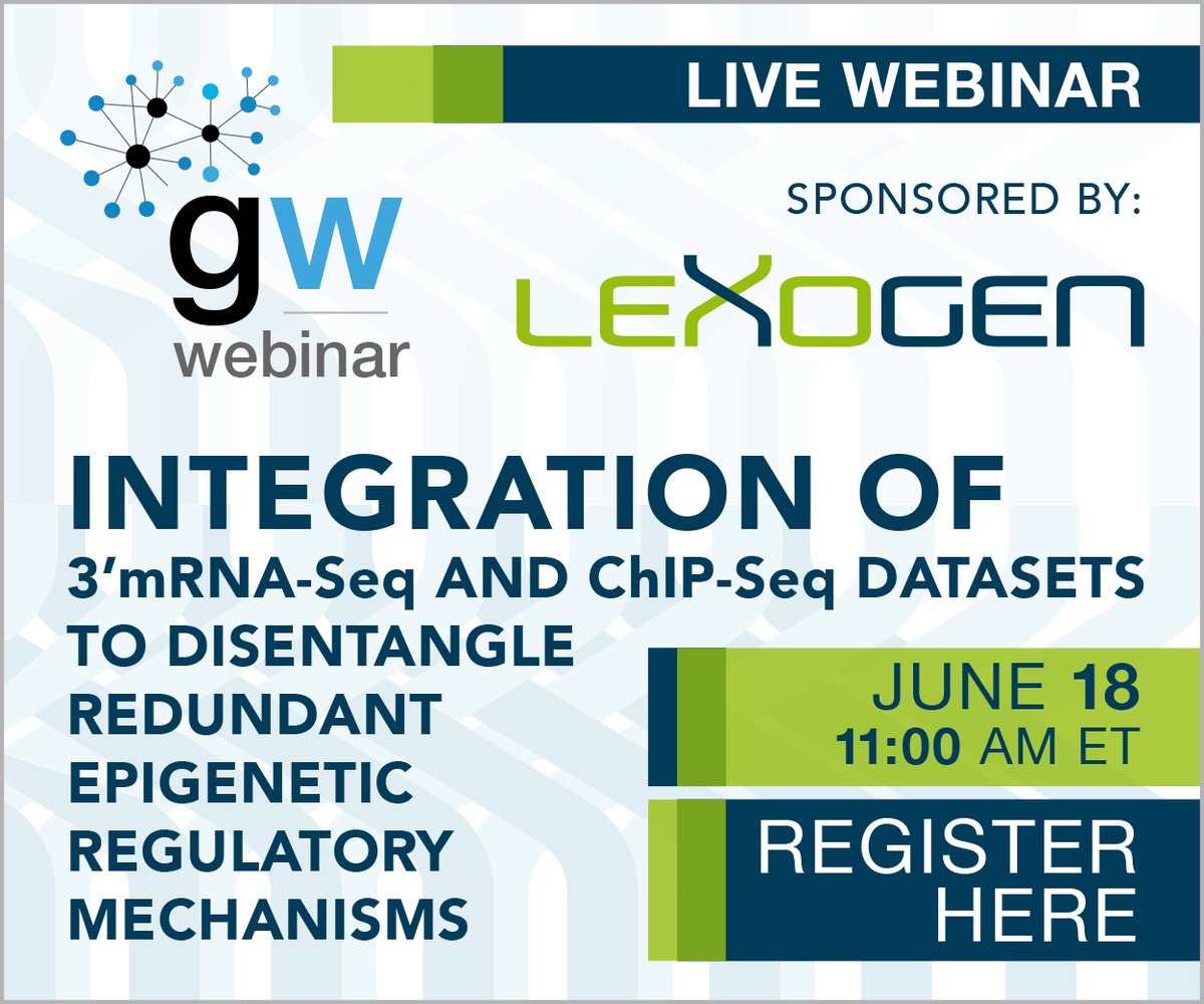 lexogen's tweet photo. Join our @GenomeWeb #RNAseq #webinar with Jorge Zepeda (Lexogen) and Jean Lozach (@OnrampBio) to find out more about Integration of 3’#mRNAseq and ChIP-Seq Datasets to disentangle Redundant Epigenetic Regulatory Mechanisms on June 18. Follow the link: https://t.co/cj2amhq30X https://t.co/YHmBVL33o3