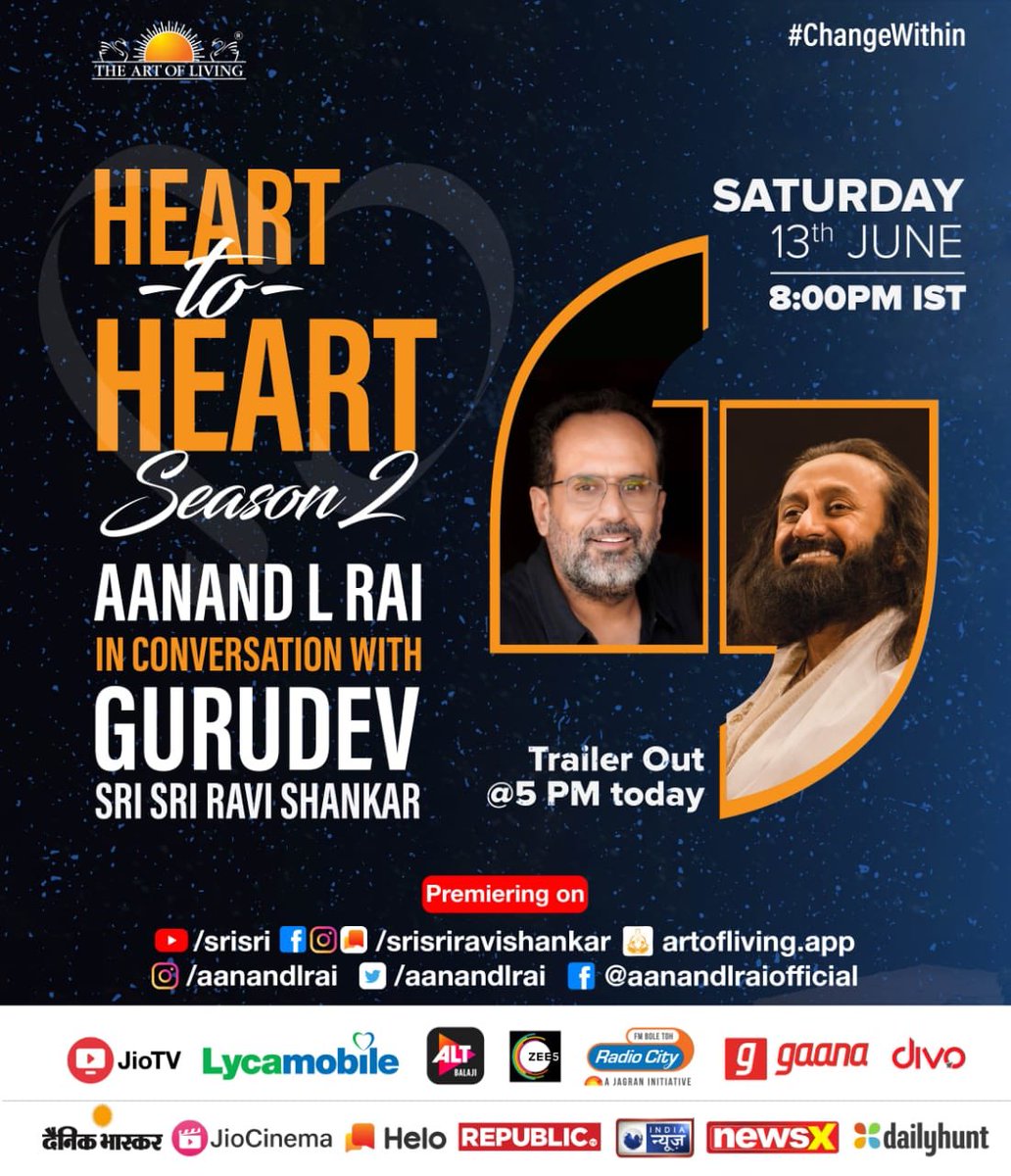 aanandlrai's tweet photo. He says JOY is never tomorrow, it’s always NOW. Let’s make our NOW beautiful 🤗Excited to share that Season 2 of #HeartToHeart conversations with Gurudev @SriSri, premieres tomorrow! Trailer’s out today at 5 PM. Keep watching this space!
@artofliving #ChangeWithin https://t.co/QmVEuOH258