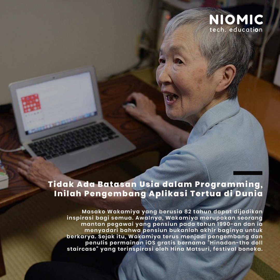 niomicID's tweet image. Belajar tidak kenal usia. Programmer asal jepang nenek Masako Wakamiya salah satu buktinya bahwa usia bukan penghalang untuk belajar dan punya prestasi.

#BelajarNgoding #programmer #funfact #bootcamp #faktamenarik #jepang