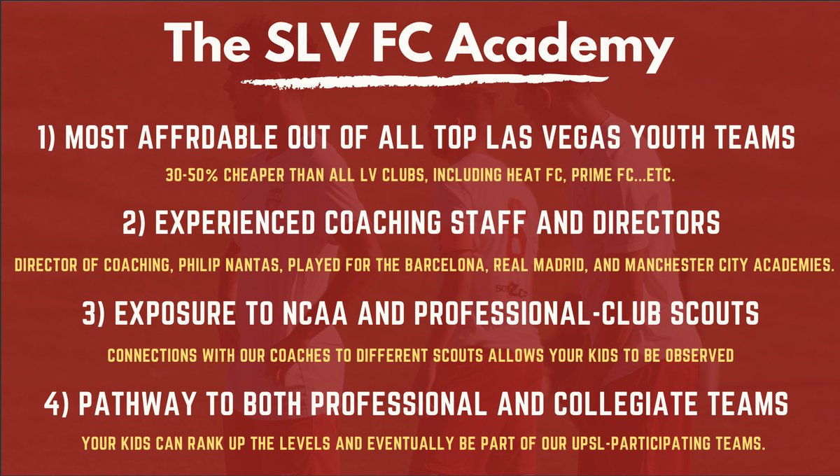 unlvfc's tweet photo. Introducing SLV FC ACADEMY PROGRAM. For Ages between U15-U19. Aimed for high school students that aspire to play either collegiate or professional soccer in the future. Starting this Summer, our academy will go in full effect. Contact us TODAY!
. https://t.co/CWimjhrl1w