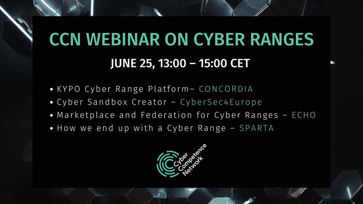 Each of the CCN pilots has a different approach to the topic of cyber ranges. Thanks to that, we have a complex perspective. We have prepared four interesting talks for you. If #cyberranges are your topic, then this webinar is a must! 😎
Register here: 🔗 cybercompetencenetwork.eu/ccn-webinar-on…