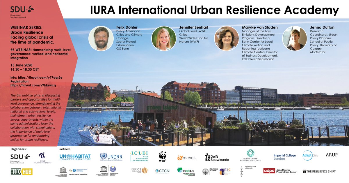 Join the #6 webinar w/ Felix Döhler, <a href="/jenn_lenhart/">Jennifer Lenhart</a>, @MarykeStaden, moderated by @debutton discussing what can we learn from #covid19 in designing #urbanresilience futures.
15 June, 16:30 – 18:30 CET tinyurl.com/y9bbrwcq
<a href="/SduResilience/">UNESCO Chair on Urban Resilience at SDU</a>
#resilientcities #URSummerSchool #SDU