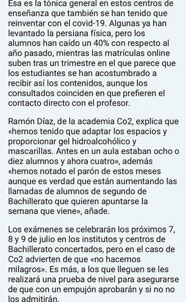 co2academia's tweet photo. Hoy, en exclusiva, en el #DiarioInformación el reportaje sobre el funcionamiento durante y tras el confinamiento de los alumnos de #CO2Academia, especialmente los de acceso a la Universidad. 

#CO2AcademiaGranViaAlicante https://t.co/LCtlgrdLqd