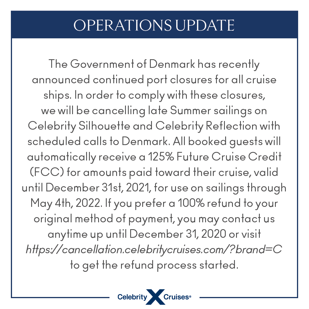 The Government of Denmark has announced continued port closures for all cruise ships. To comply with these closures, we have cancelled late Summer sailings on Celebrity Silhouette &amp; Celebrity Reflection with scheduled calls to Denmark. More info &amp; FAQs: bit.ly/3hnYpAT