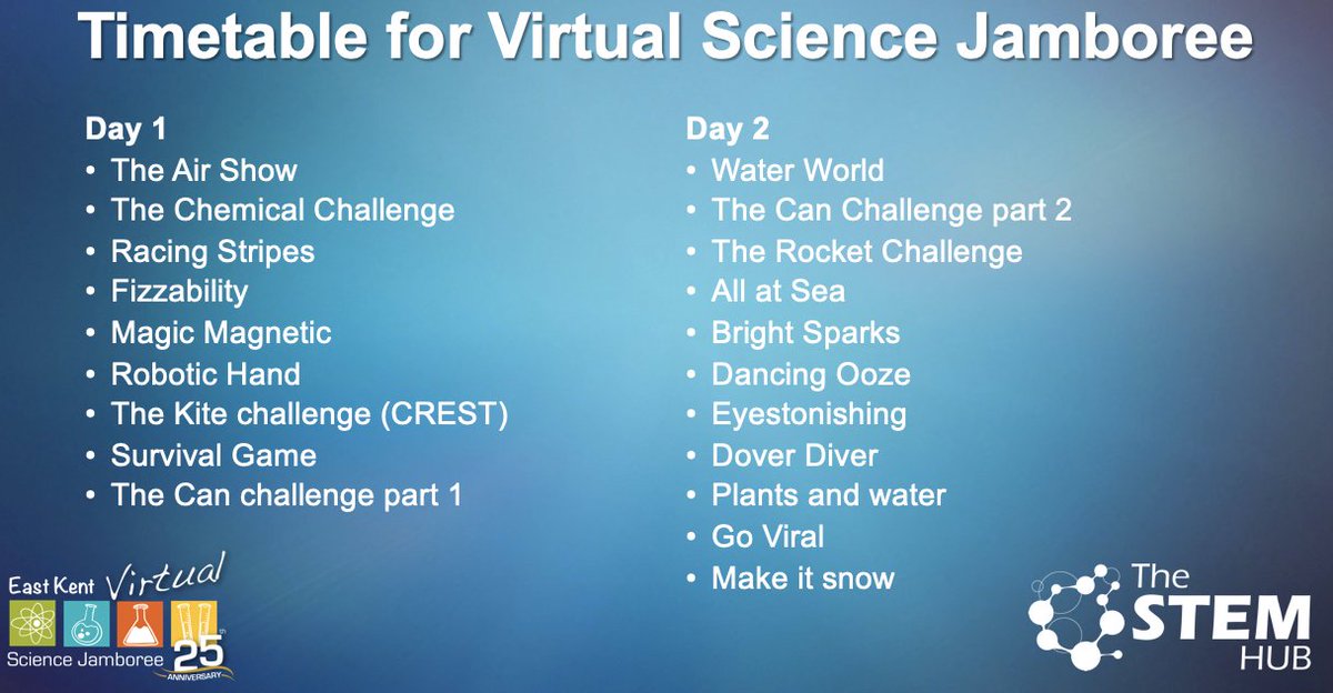 STEMHUB_SE's tweet photo. Only 2 hours to go until #Virtual #Science #Jamboree Day 2! This is a #FREE #VIRTUAL #EVENT for #schools, #parents, #children &amp; anyone who would like to take part. Please visit: https://t.co/Vg77vaoKzA #VirtualSciJam #homeschoolinguk Please see full schedule👇 for the jamboree https://t.co/JEUsfaTWWo
