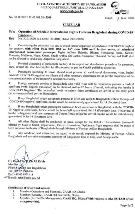 timeholidaysbd's tweet photo. Civil Aviation Authority of Bangladesh:
Not allowed to land in Bangladesh From 16 Jun
Onwards till further notice commercial flights from India, Malaysia, Singapore, Thailand, Hong kong, Sri Lanka,
Saudi Arabia, Bahrain, Bhutan, Kuwait, Maldives, Nepal, Oman, Turkey and UAE. https://t.co/TfUWJVg6aS