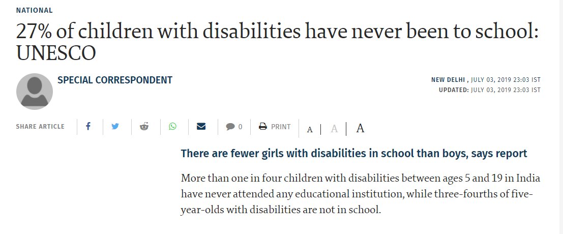 This is not to say there is no problem.Across all ages - 26% of disabled children never attended schools compared to 38% of all children. 12%!Between 6-14: 24% of disabled children never attended schools compared to 14% of all children. 10%!More meaningful from a policy POV