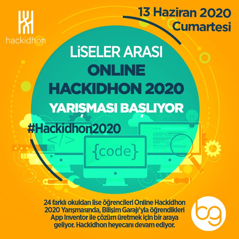 bilisimgaraji's tweet photo. 48 yarışmacının katılacağı online HACKIDHON 2020 13 Haziran Cumartesi günü yapılacak. Yarışmacılar 2’şerli gruplar halinde, App Inventor ile, aynı gün verilen problem durumuna çözüm üretecekler. Ödüller 14 Haziran 19:00’da YouTube canlı yayınında açıklanacak. #Hackidhon2020 https://t.co/As6xxT3VzX