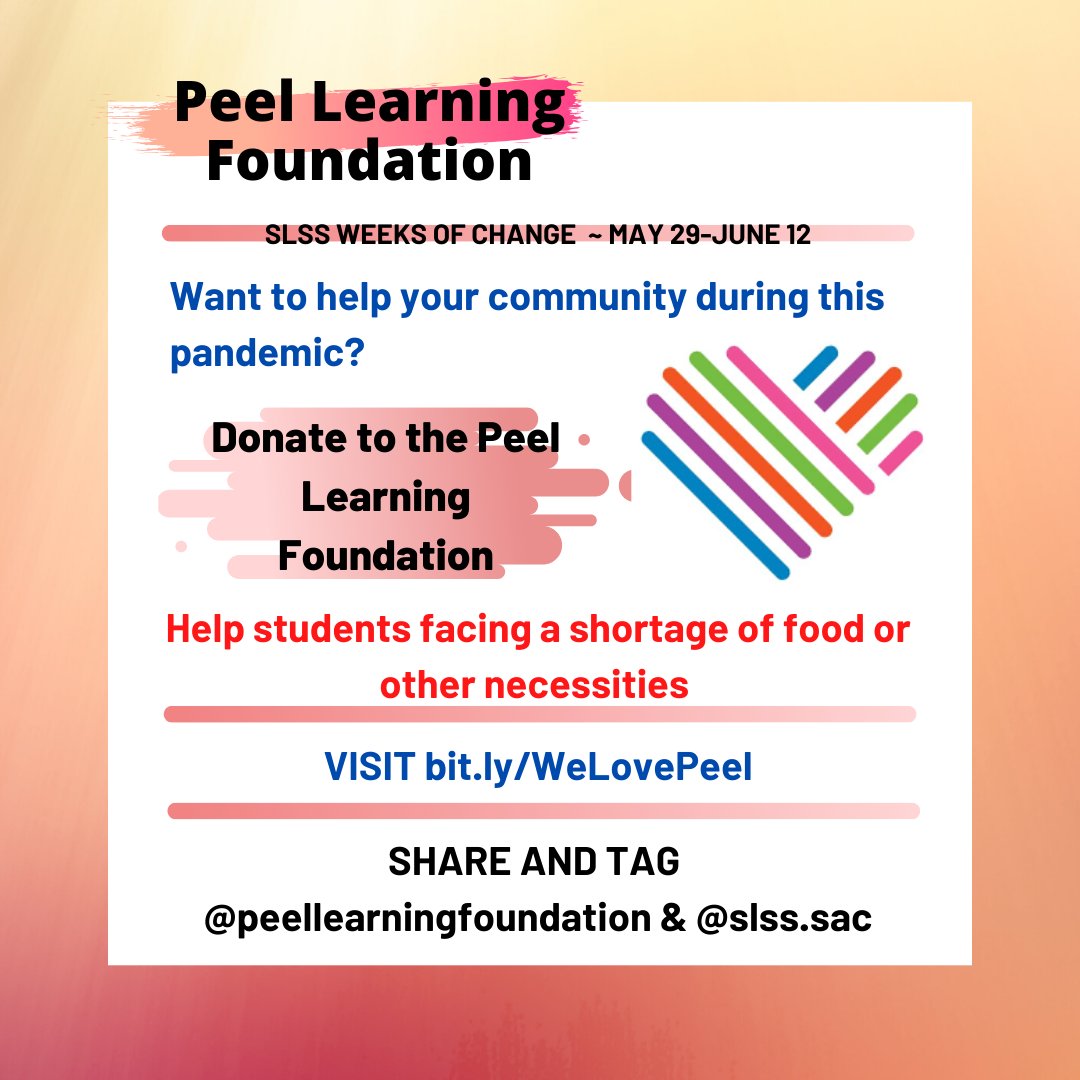 SLSSSAC's tweet photo. Today's the last day of our Weeks of Change in partnership with the @PeelLearningFDN! 

Donate if you can at https://t.co/VPyL0bMzSX to help the Foundation's efforts to level the playing field for all Peel students. Then post a picture of you making a heart with #WeLovePeel! 💙 https://t.co/mDCtHJGjPf
