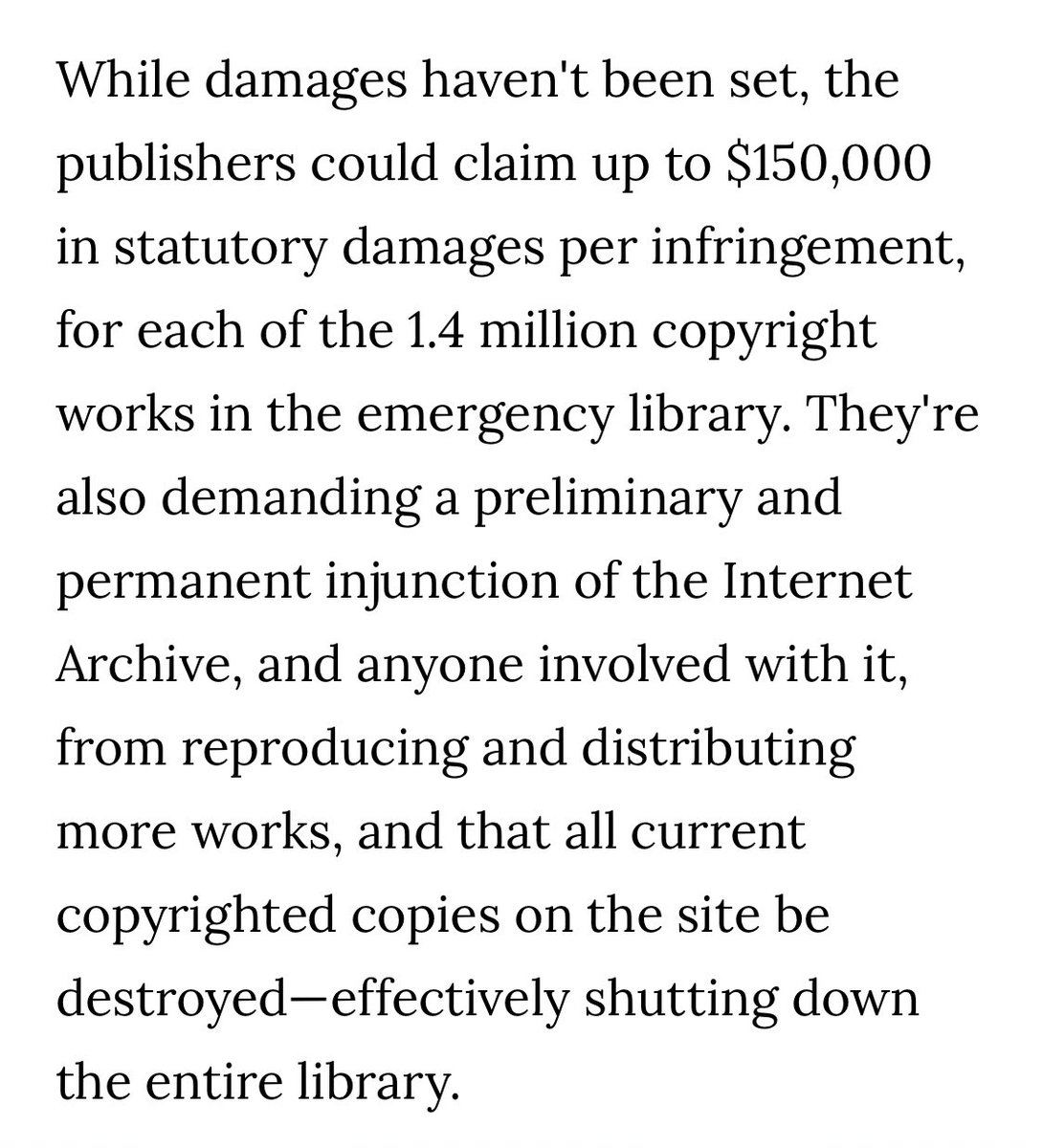 Pretty cool that Chuck Wendig decided to play cop on the Internet Archive, so not only did they end their TEMPORARY unlimited lending program (the tweet you see going around) but the lawsuit his shit caused has put the ENTIRE archive in jeopardy.  https://www.vice.com/en_us/article/5dzg8n/archiving-the-internet-archive-sued-by-publishers