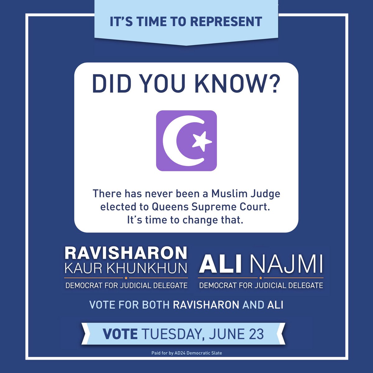Ali_Najmi's tweet photo. There are no Muslims represented in the judiciary in #Queens. In a county which boasts one of the largest Muslim populations in America, it’s time to change that. It’s time to represent. #JudicialDelegate #JudicialDiversity https://t.co/Jg2Y9wriub