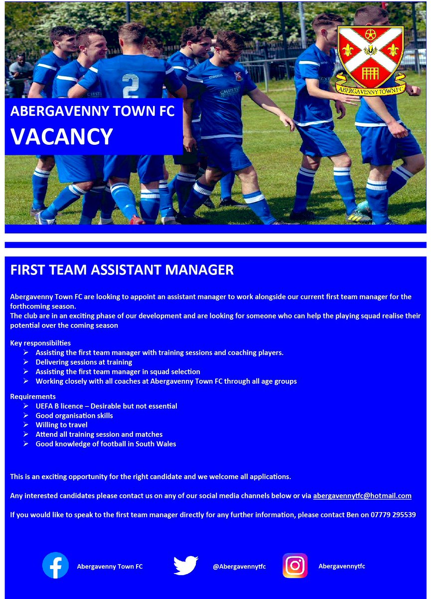AbergavennyTFC's tweet photo. Another excellent opportunity at the club, we are looking for an assistant manager for our first team . Please see further details below https://t.co/atdlieiF89